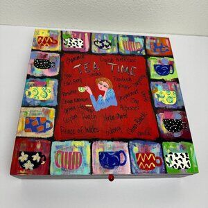 Wooden Tea bag Box Storage Organizer Hand Painted " TEA TIME"